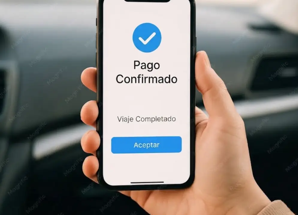 Una mano sostiene un celular con la notificación de pago confirmado.