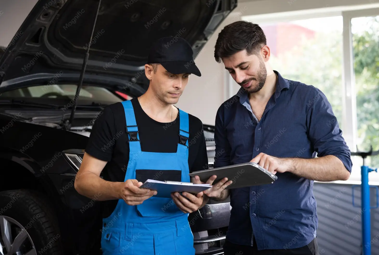 Un tasador revisa el auto con el capó abierto mientras el dueño mira el informe a su lado.